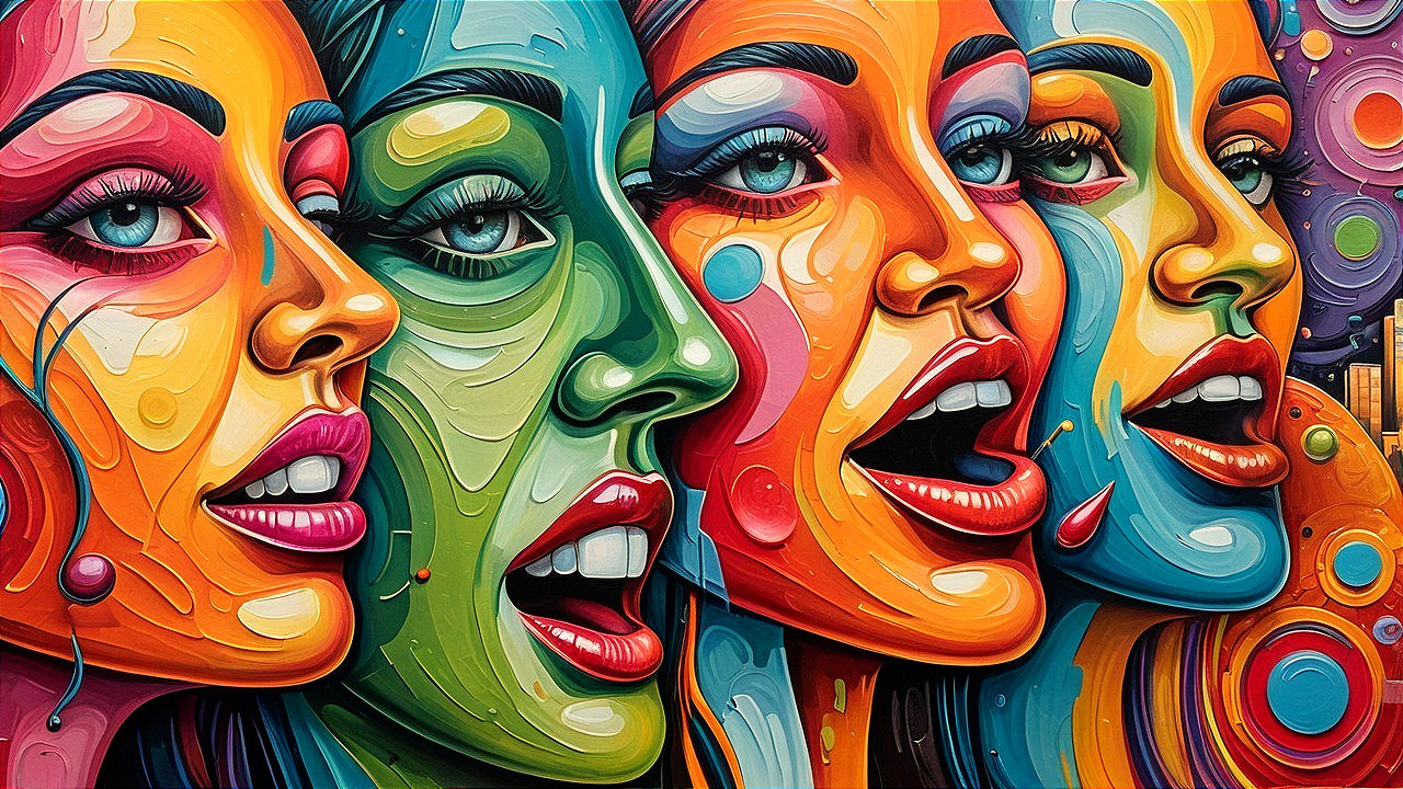 Vibrant Mural of Five Women's Faces in Bold Colors
