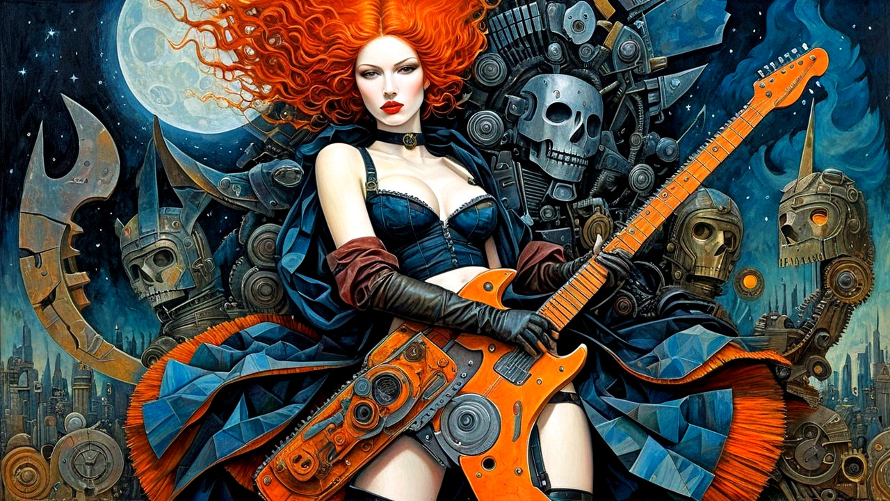 Fierce Woman with Electric Guitar in Steampunk Setting