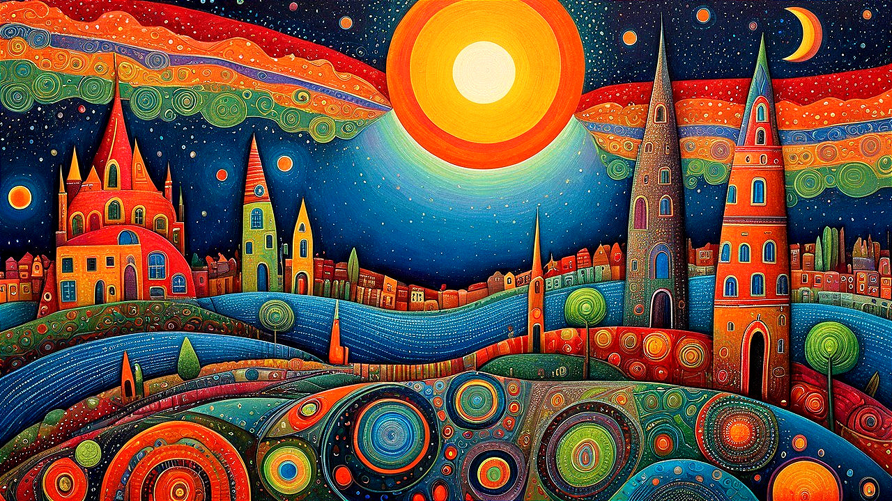 Vibrant Whimsical Landscape with Colorful Features