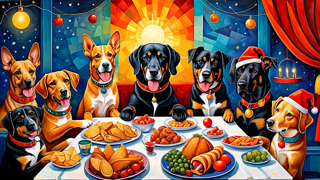 Vibrant Artwork of Dogs at a Festive Dining Table