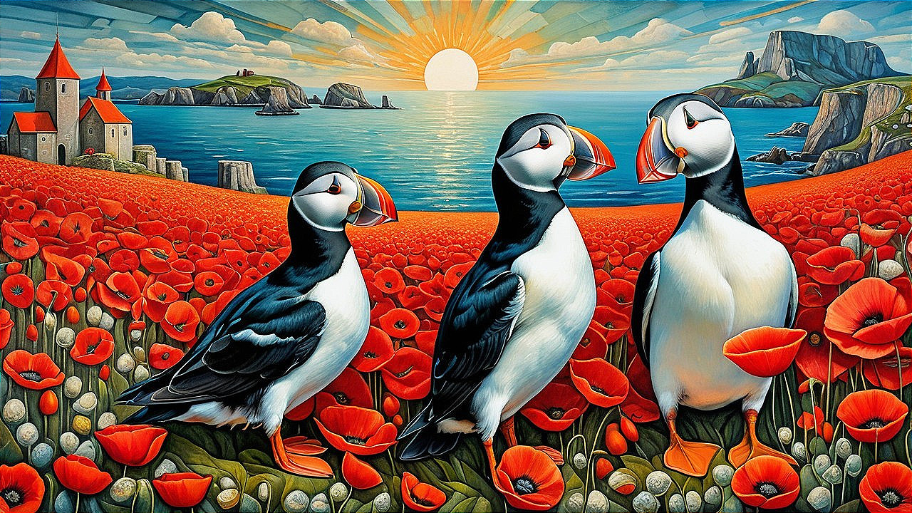 Puffins in a Poppy Field with Seascape at Sunset
