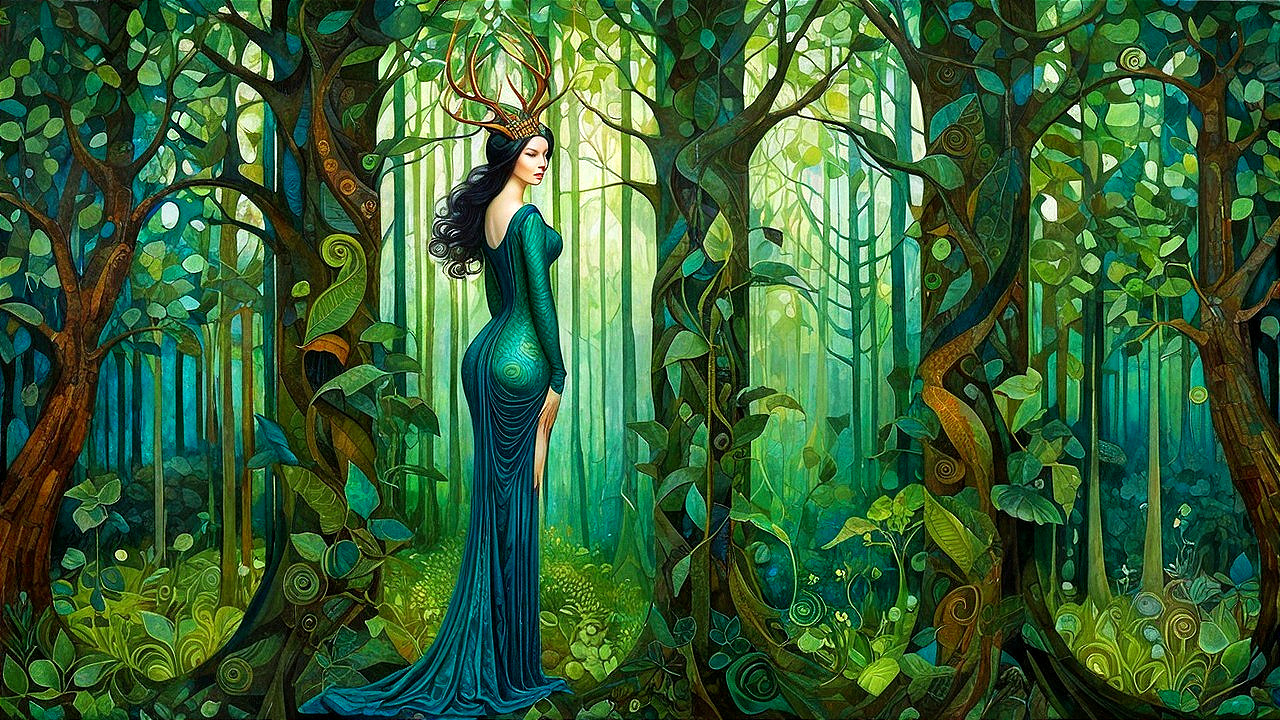 Mystical figure in enchanted forest with antlers and gown