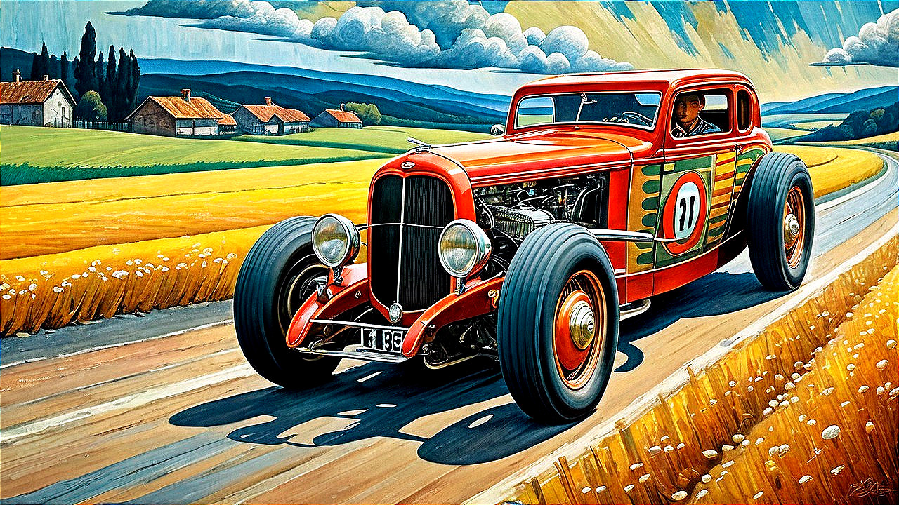 Retro Illustration of Classic Race Car on Dirt Road