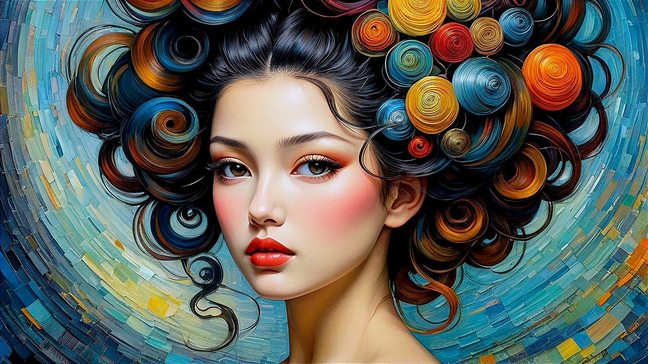 Portrait of a young woman with vibrant, swirling hair