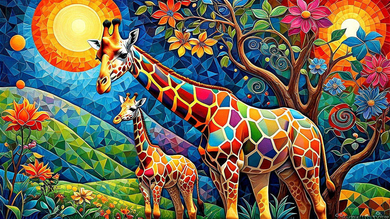 Colorful Geometric Giraffes in Vibrant Landscape