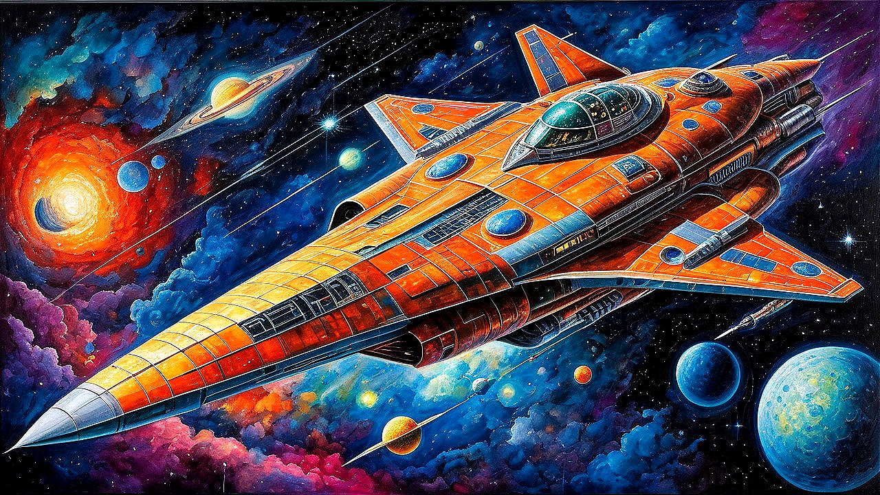 Futuristic spaceship in a colorful cosmic landscape