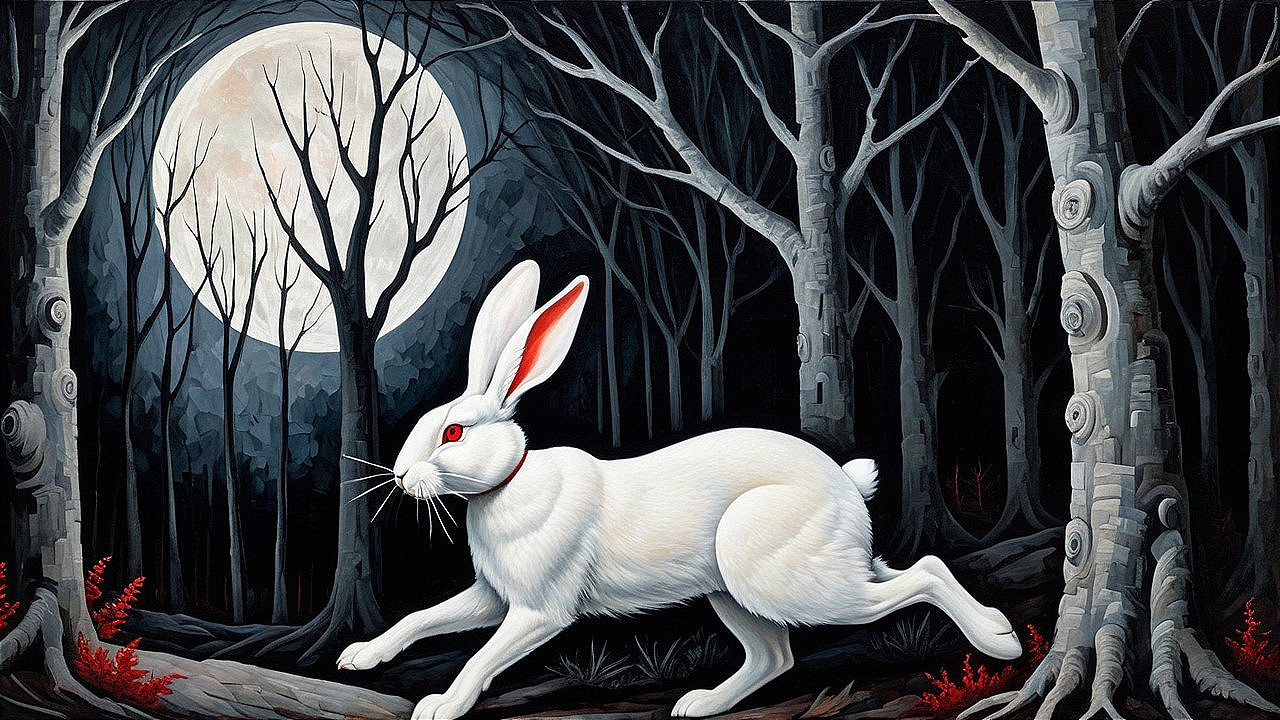 Large white hare in eerie forest under full moon