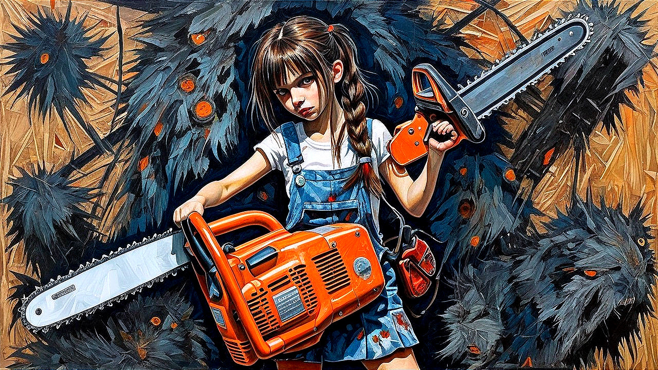Young girl with chainsaws in abstract foliage setting