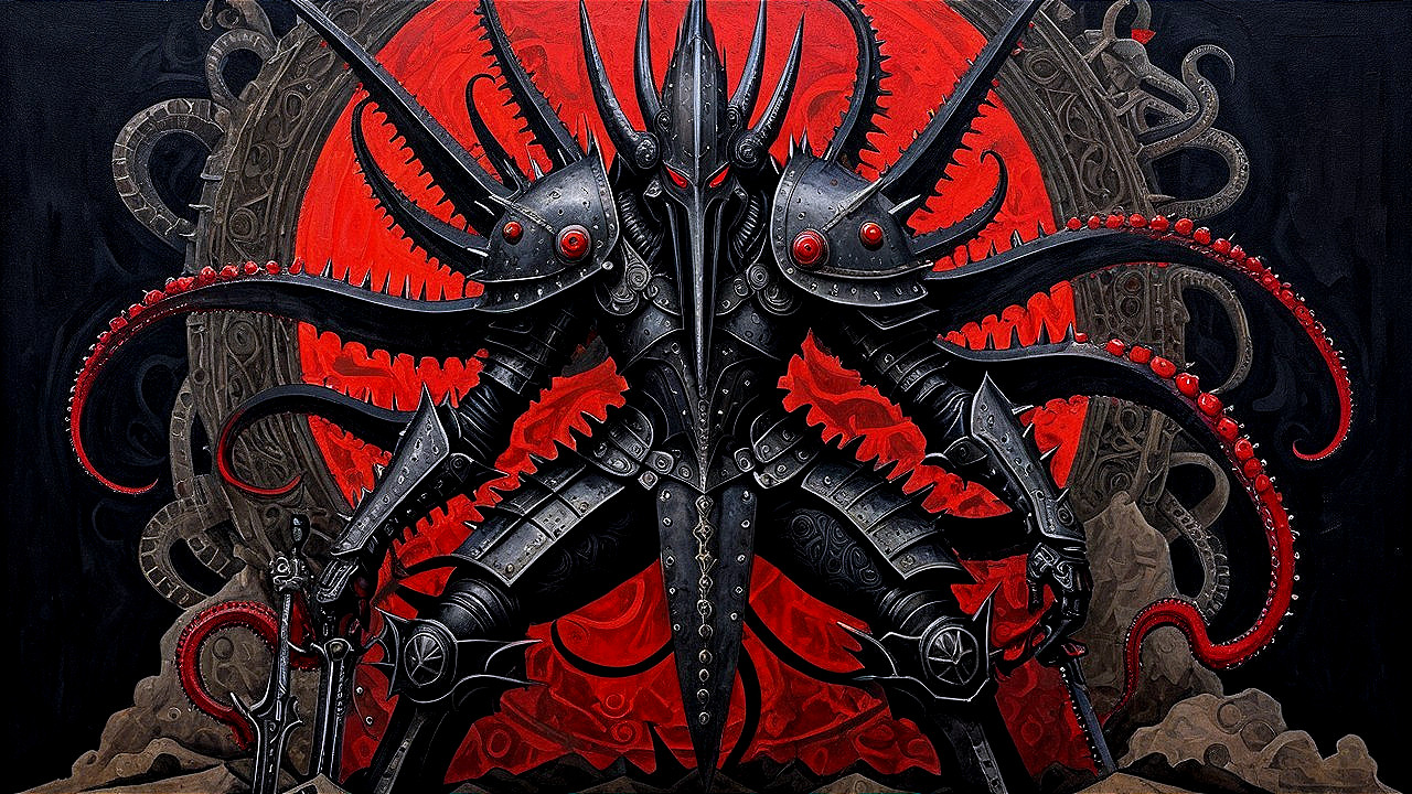 Menacing figure in black armor against red backdrop