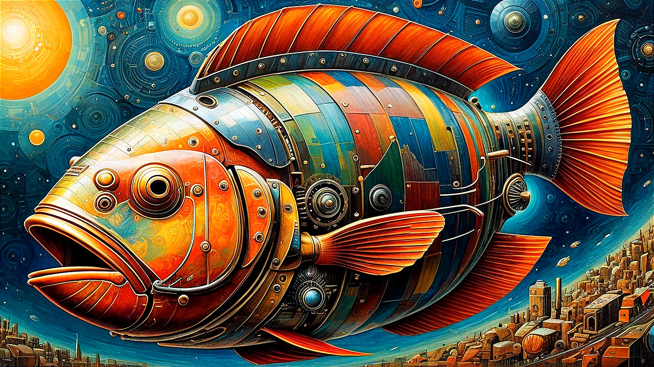 Colorful Steampunk Fish Above Vibrant Cityscape