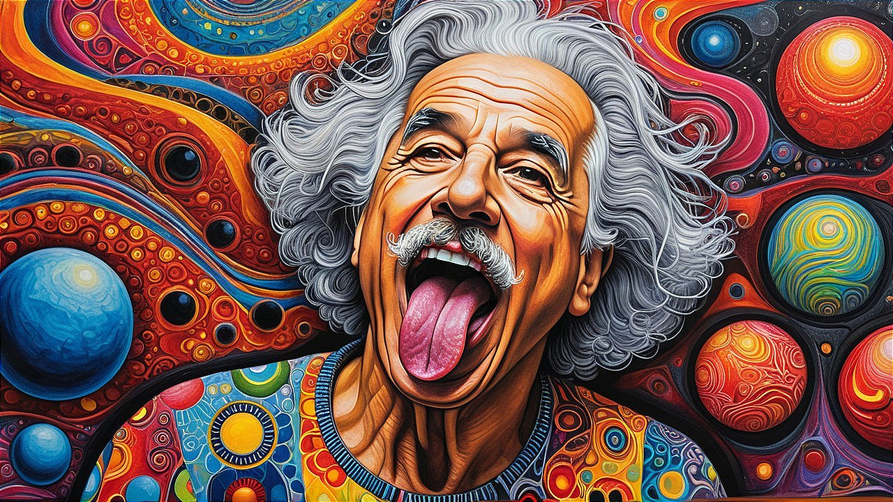 Whimsical Portrait of an Elderly Man with Cosmic Motifs