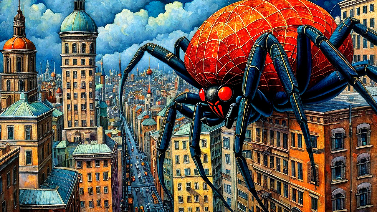 Surreal Cityscape with Giant Cartoon Spider Over Skyscrapers