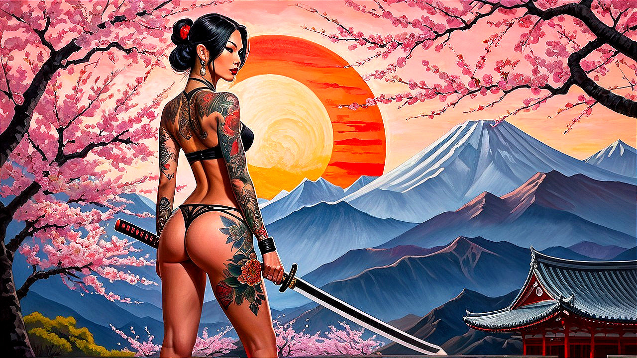 Tattooed Woman with Katana at Sunset in Mountains