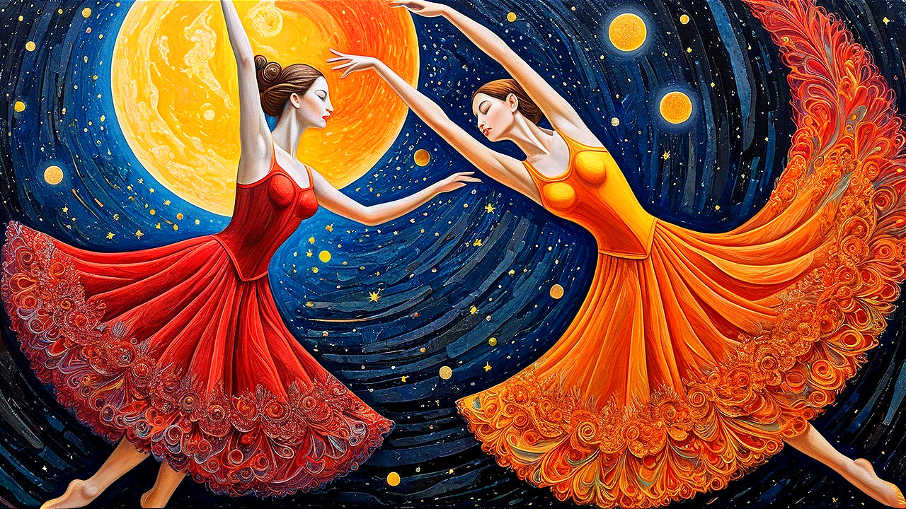 Elegant dancers in vibrant gowns against a cosmic backdrop