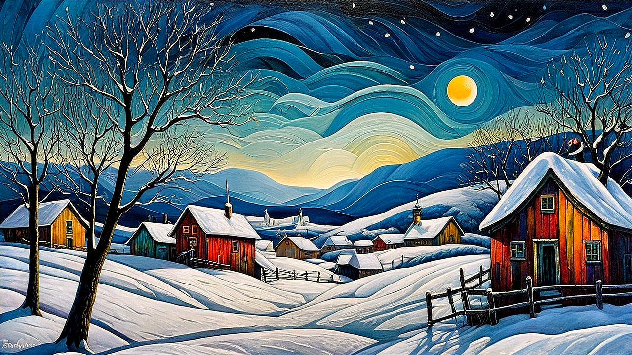 Whimsical Winter Village Scene Under Starry Sky