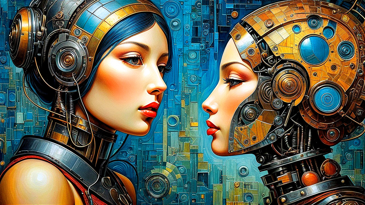 Human and Robotic Figures in Futuristic Sci-Fi Setting