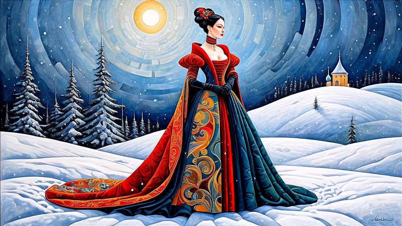 Elegant figure in vibrant gown in winter landscape