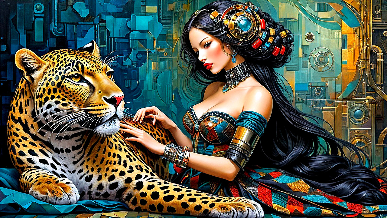 Woman with Black Hair and Leopard in Abstract Setting