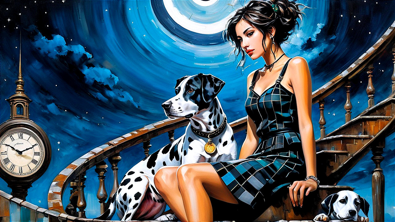 Woman on Staircase Under Starry Sky with Dalmatian