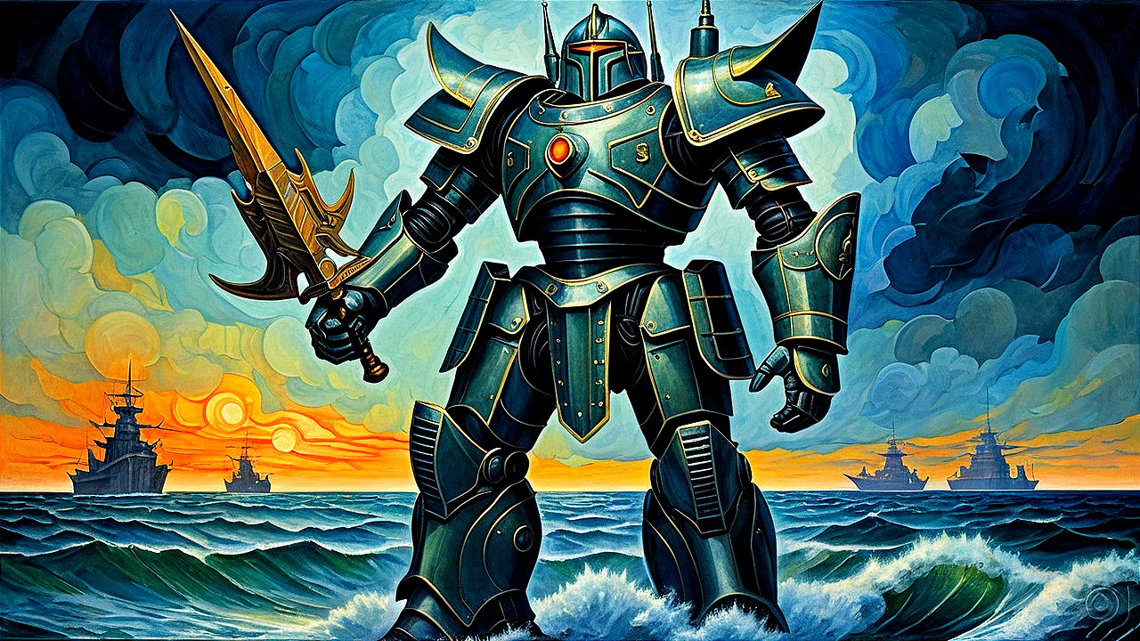 Colossal Armored Knight in Turbulent Sea at Sunset