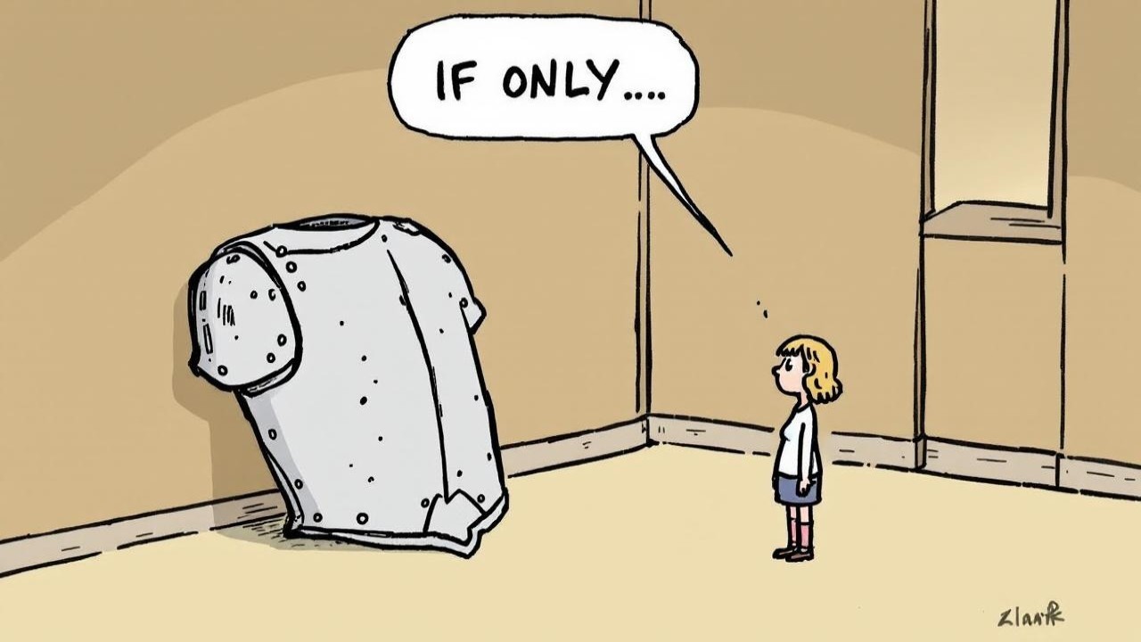 Young girl contemplates armor in empty room scene