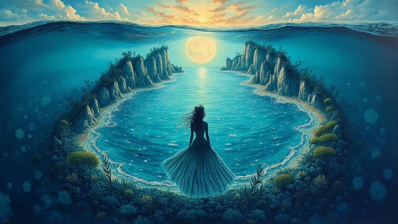 Moonlit Ocean Landscape with Ethereal Figure and Flora