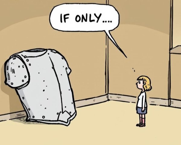 Young girl contemplates armor in empty room scene