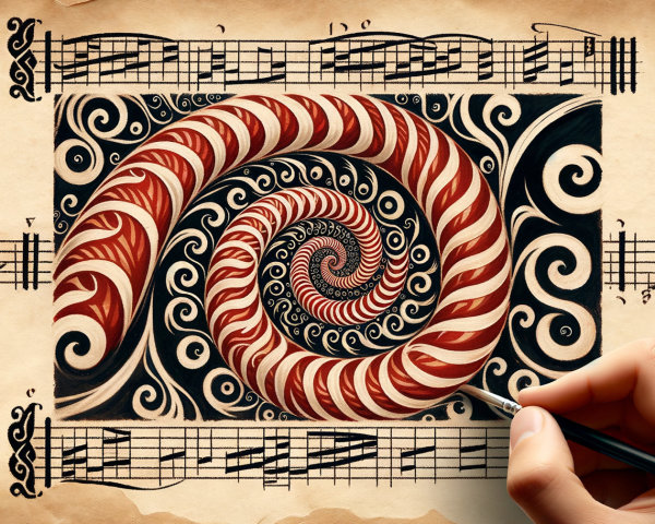 Hand Painting Red and White Spiral on Sheet Music