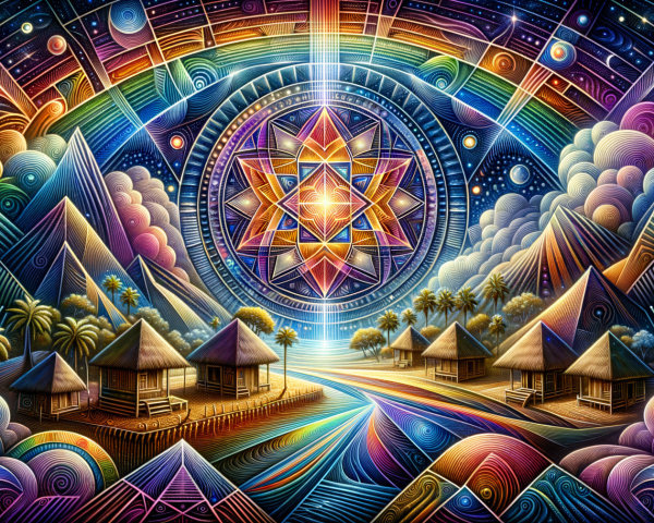 Surreal Landscape with Geometric Patterns and Huts