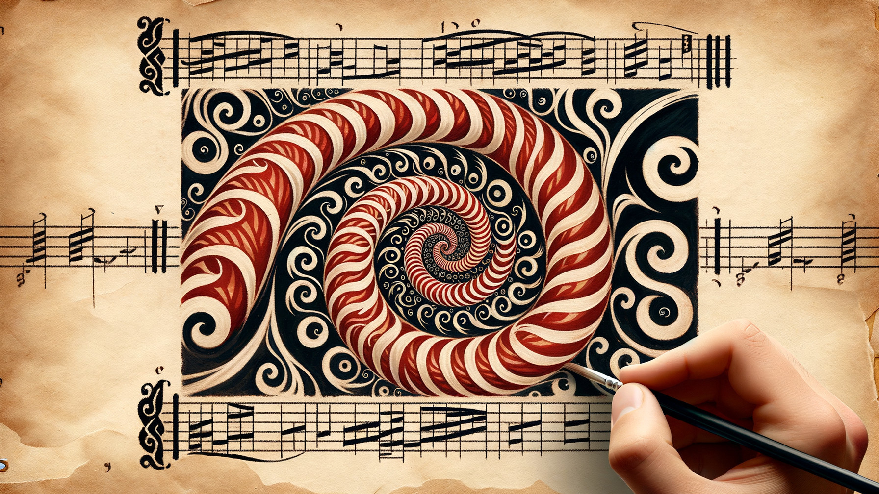 Hand Painting Red and White Spiral on Sheet Music