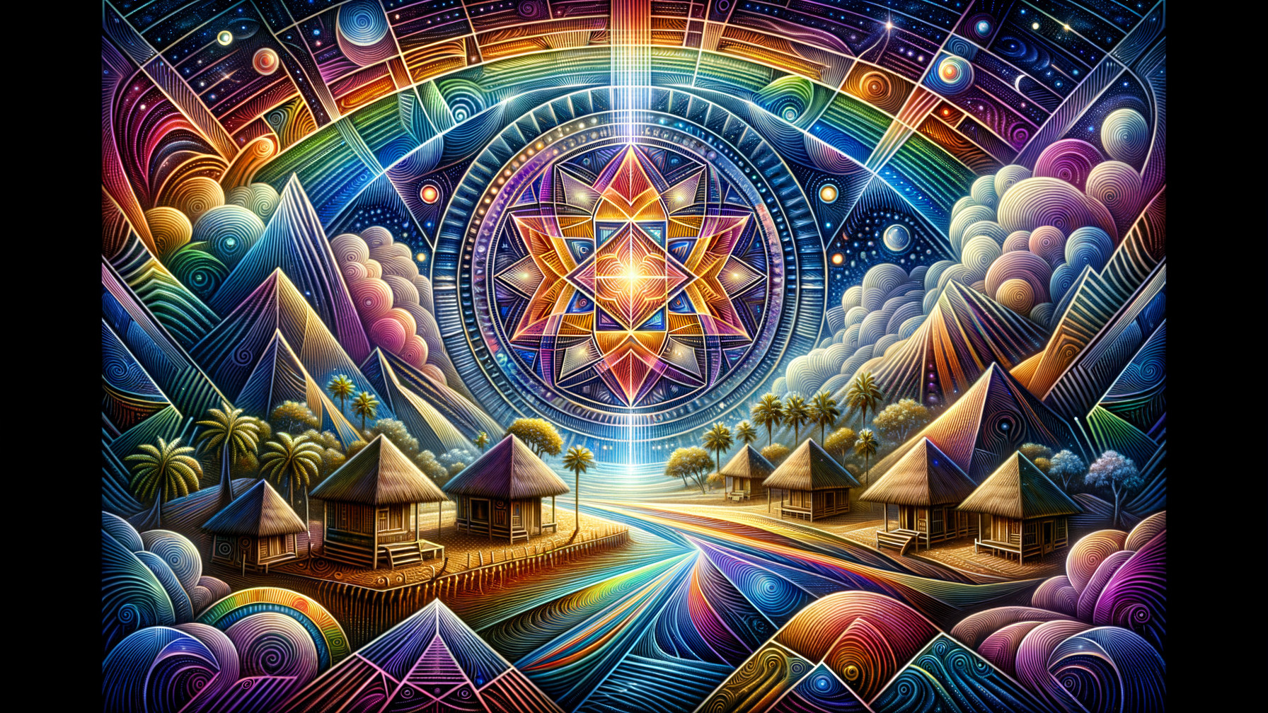 Surreal Landscape with Geometric Patterns and Huts