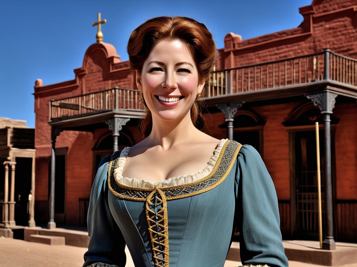 Vintage Dress Against Western Building with Blue Sky