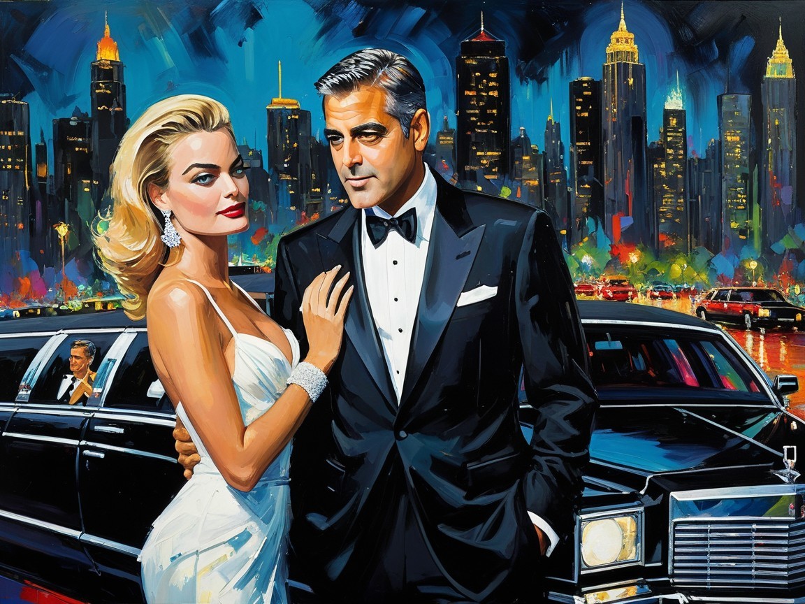 Glamorous Couple by Limousine in Night Cityscape