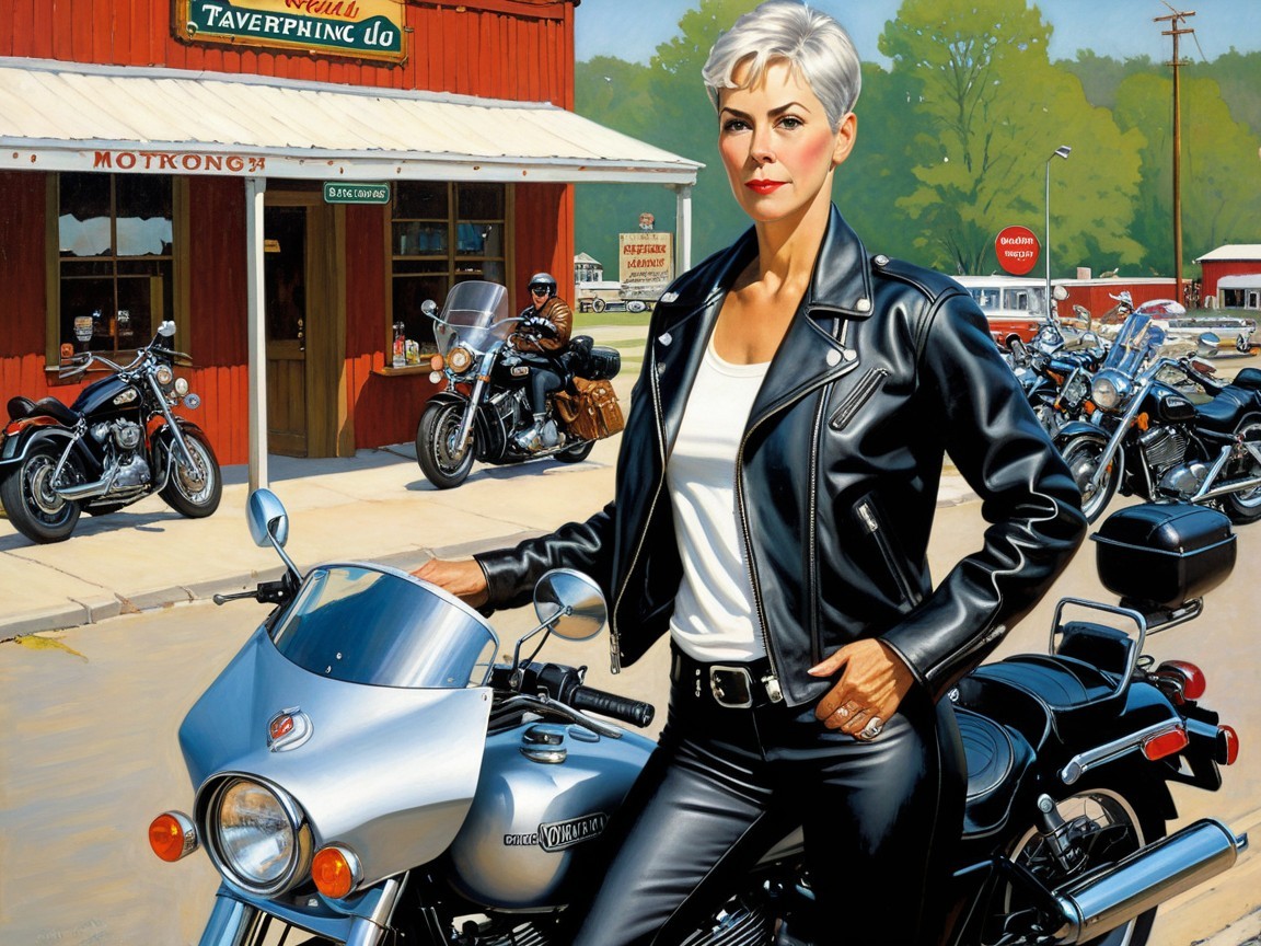 Confident Woman with Motorcycle in Rustic Setting