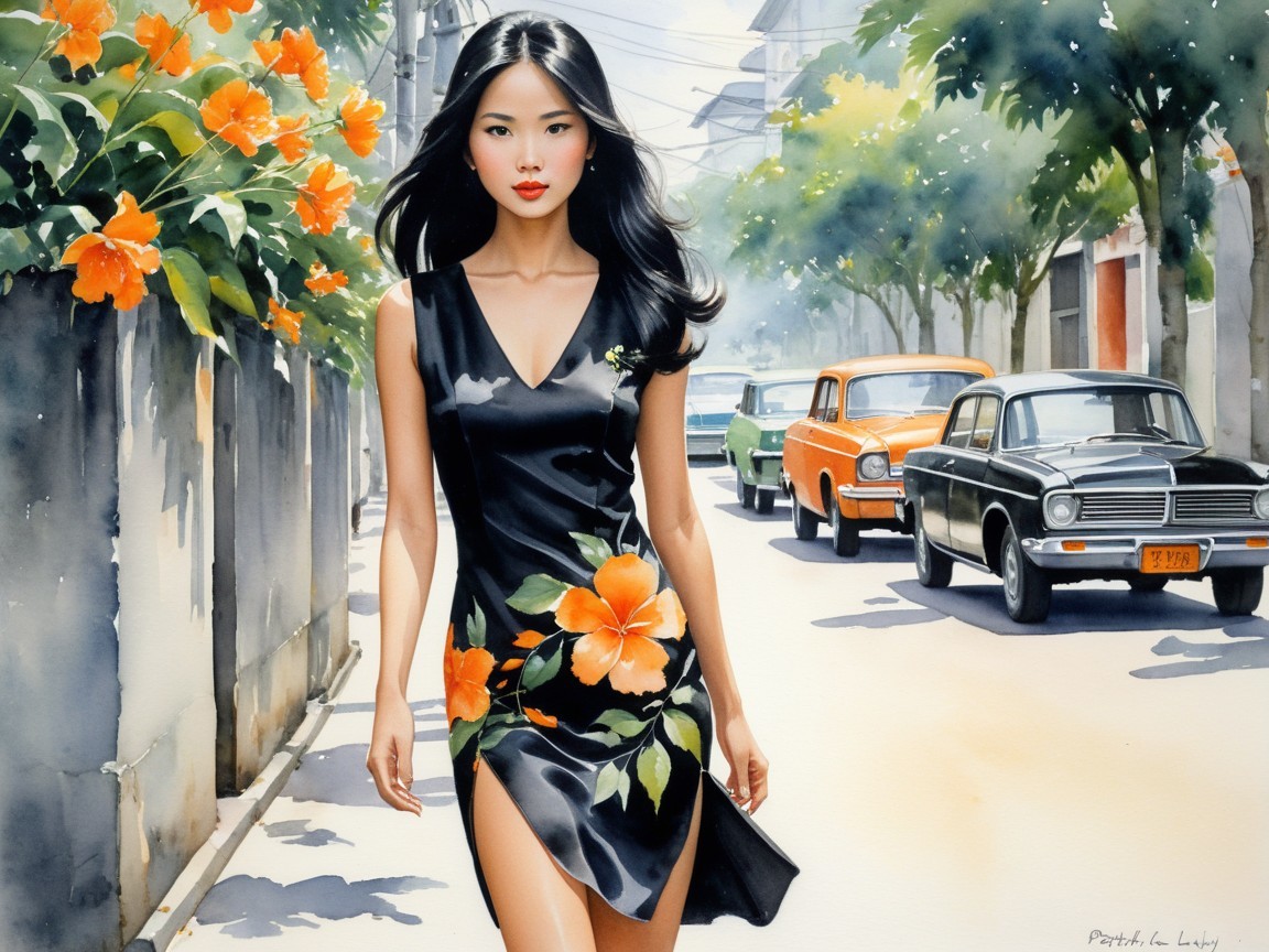 Young Woman in Black Dress on Vibrant Street Scene