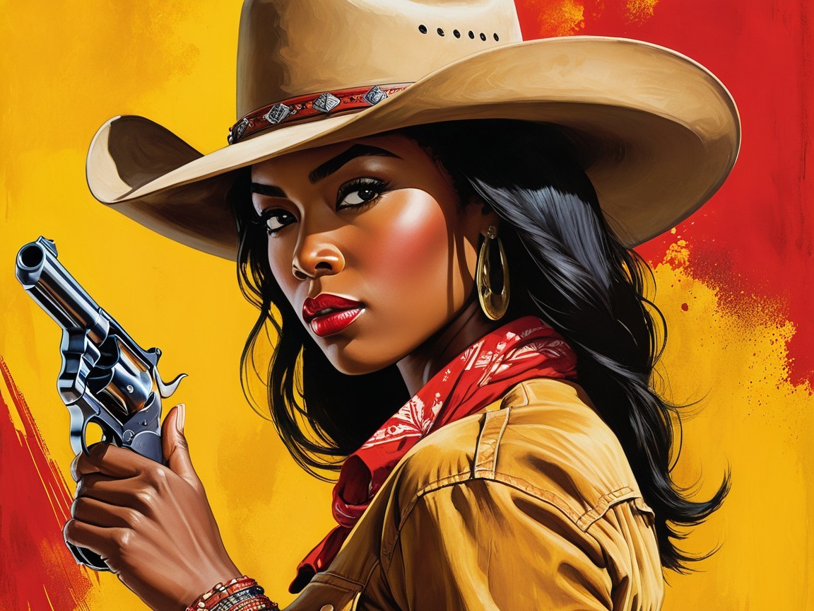 Confident Woman in Bold Western Attire with Revolver