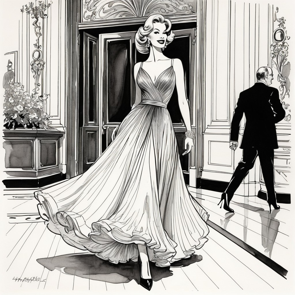 Glamorous Woman in Elegant Gown in Monochrome Artwork