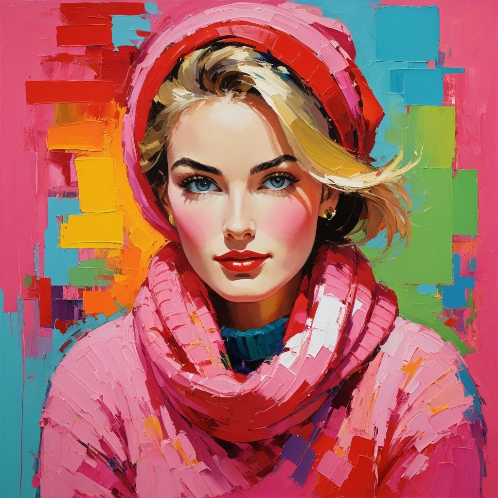 Stylized portrait of a woman with blue eyes and scarf