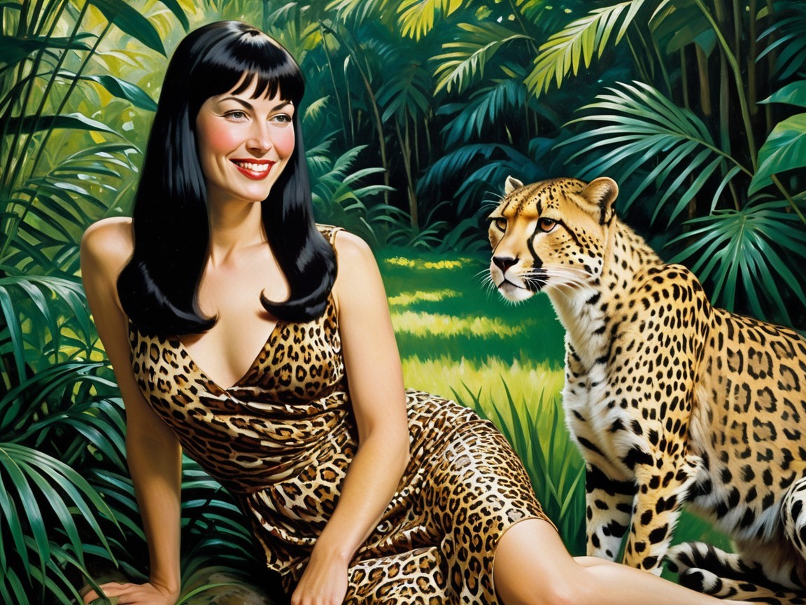 Glamorous Woman in Leopard Dress with Majestic Leopard