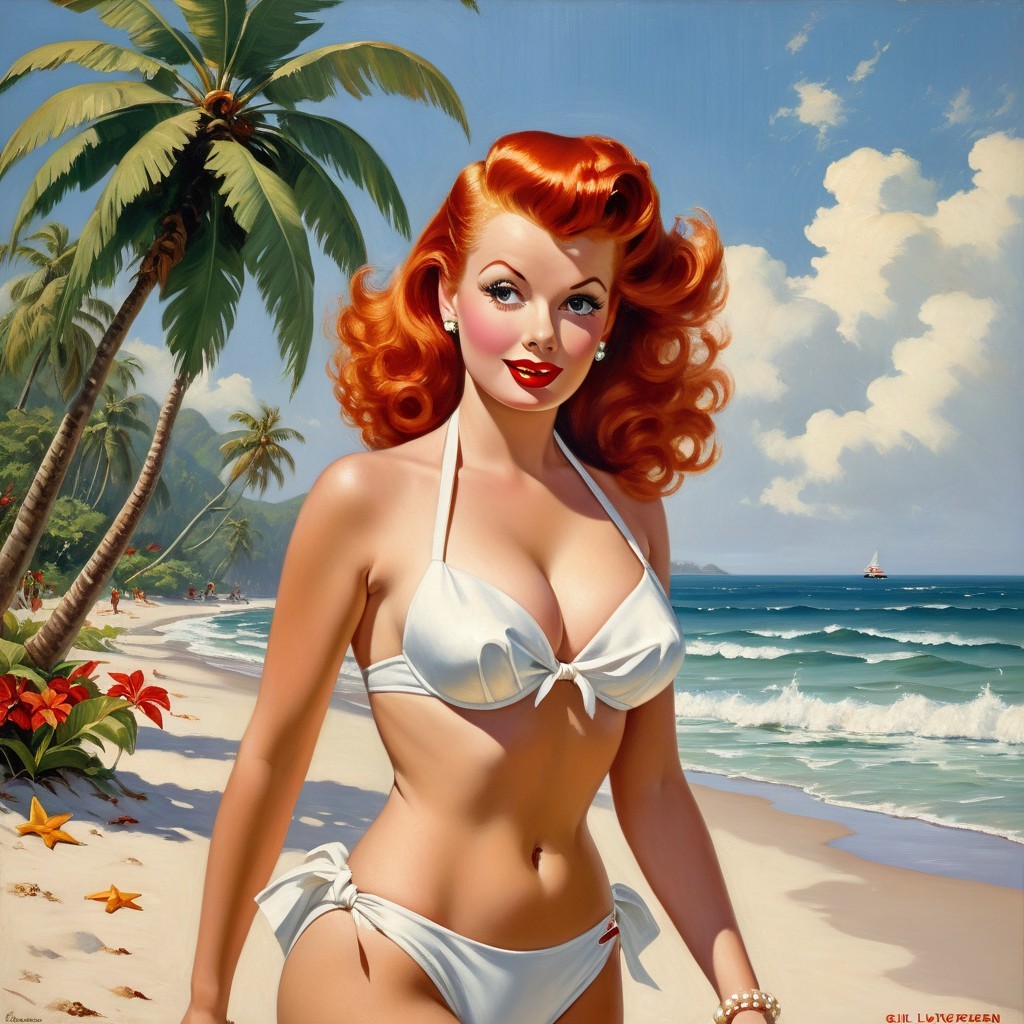 Vintage Portrait of Glamorous Woman on Sunny Beach