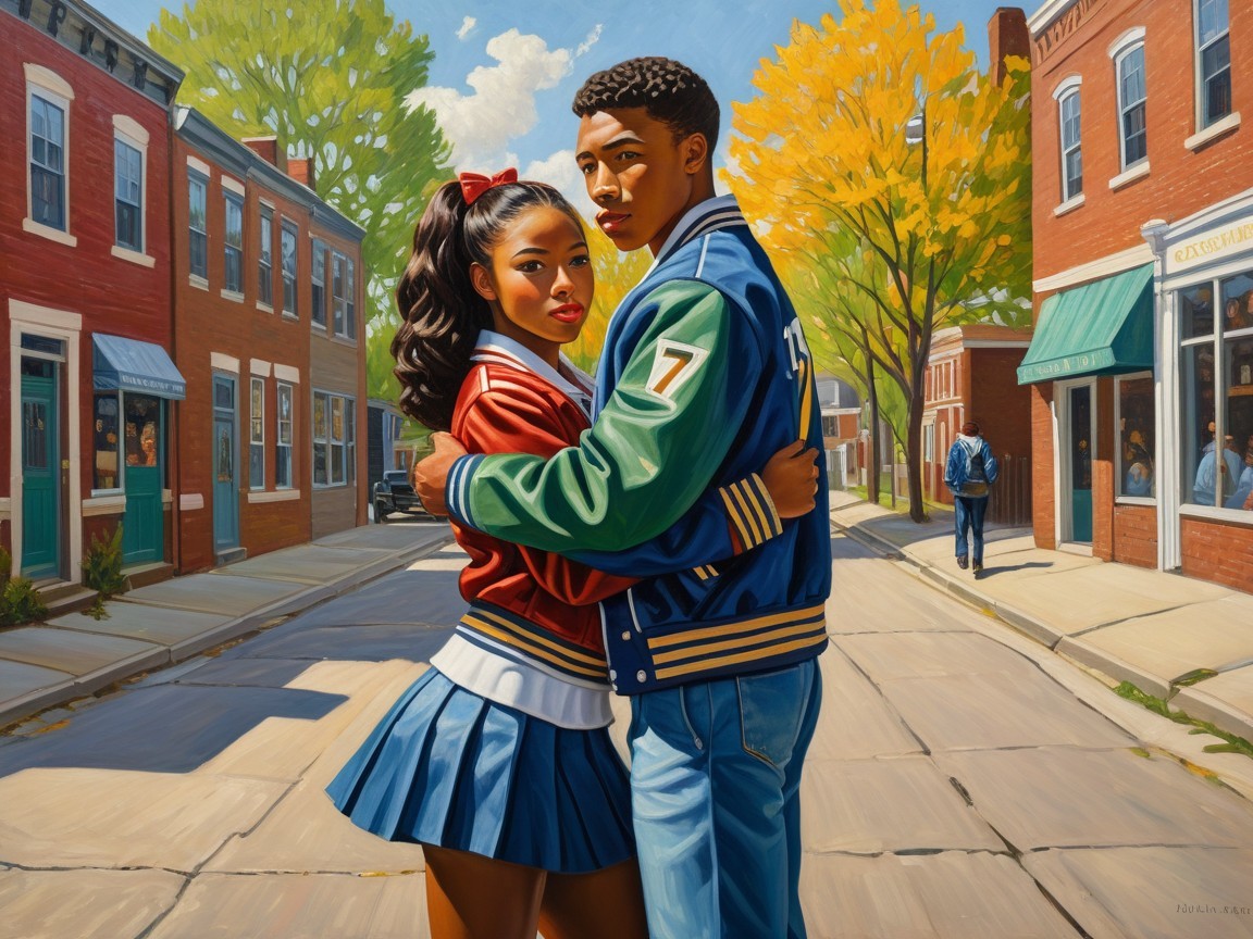 Young Couple Embraces in Autumn Street Scene