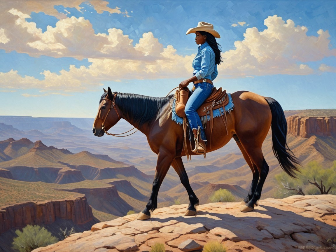 Cowgirl on Horse Overlooking Canyon Landscape