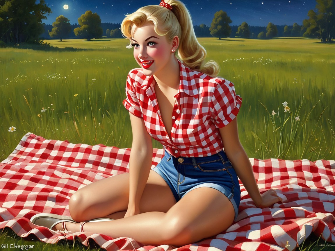 Cheerful Woman on Picnic Blanket in Sunlit Meadow