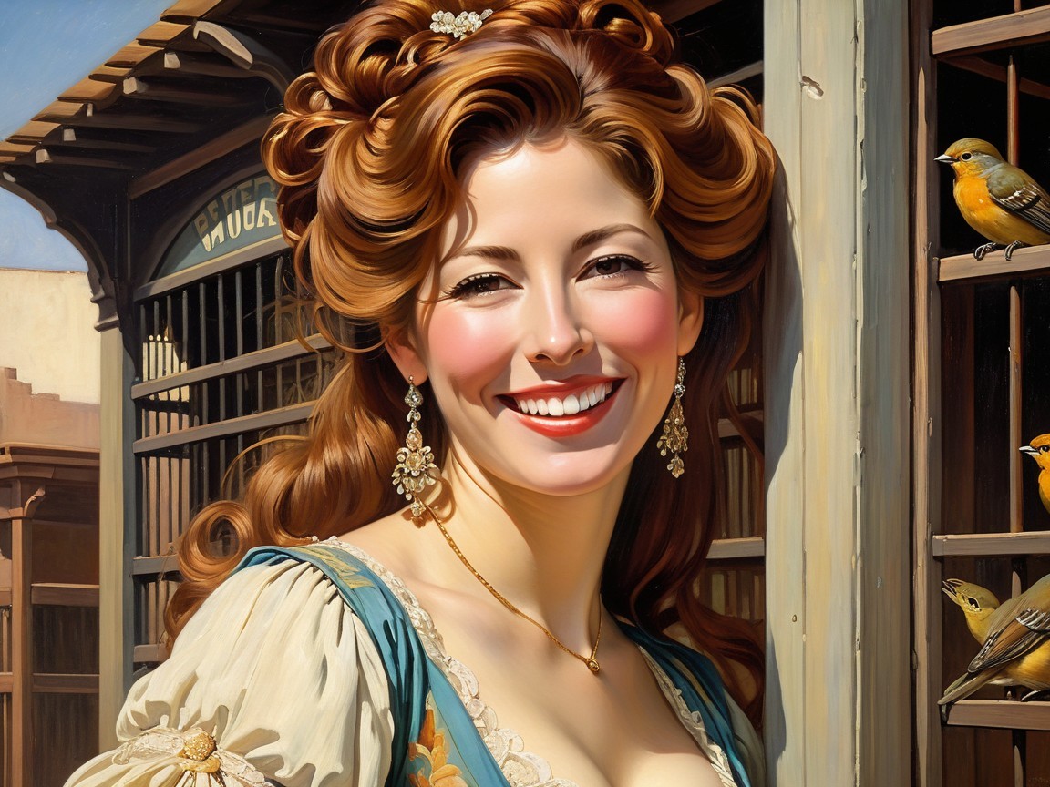 Cheerful Woman in Historical Dress by Rustic Building