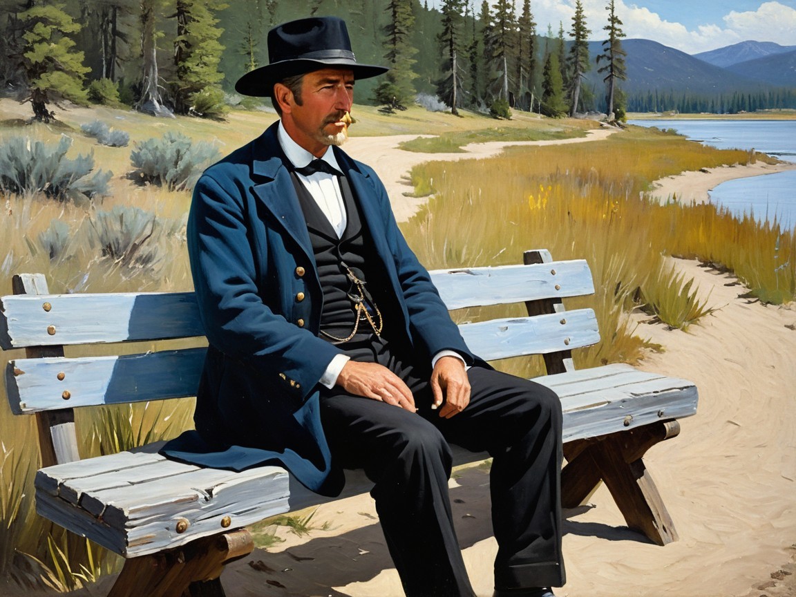 Man in Formal Attire by Serene Lakeside Scene