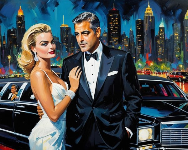 Glamorous Couple by Limousine in Night Cityscape