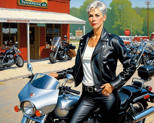 Confident Woman with Motorcycle in Rustic Setting