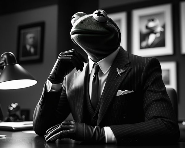 Detailed Black and White Image of a Puppet in Suit