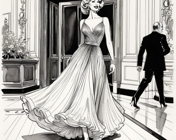 Glamorous Woman in Elegant Gown in Monochrome Artwork