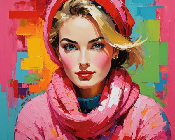 Stylized portrait of a woman with blue eyes and scarf